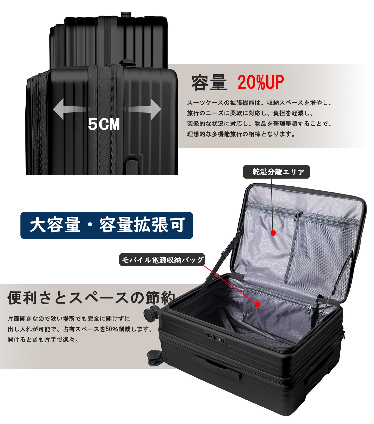 片開き拡張スーツケース 省スペース設計・TSAロック｜Ashard