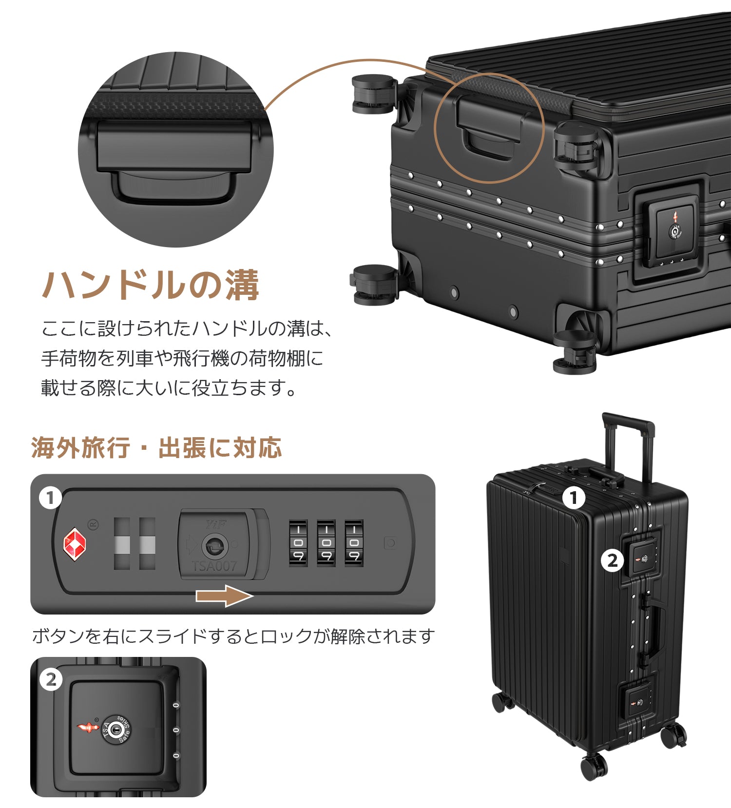 Ashard Front-Open Suitcase - Black handle detail