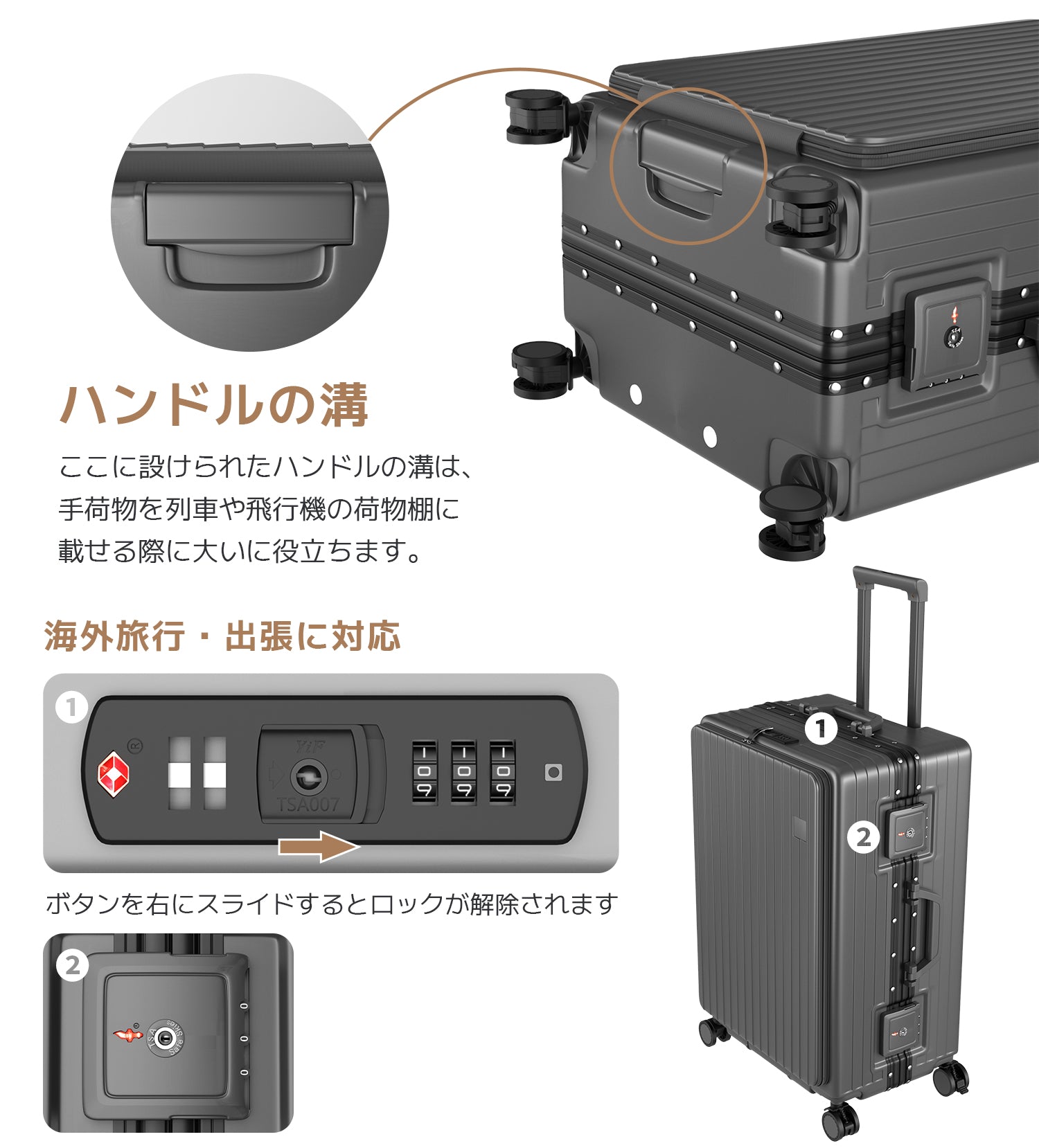 Ashard Front-Open Suitcase - Gray handle detail