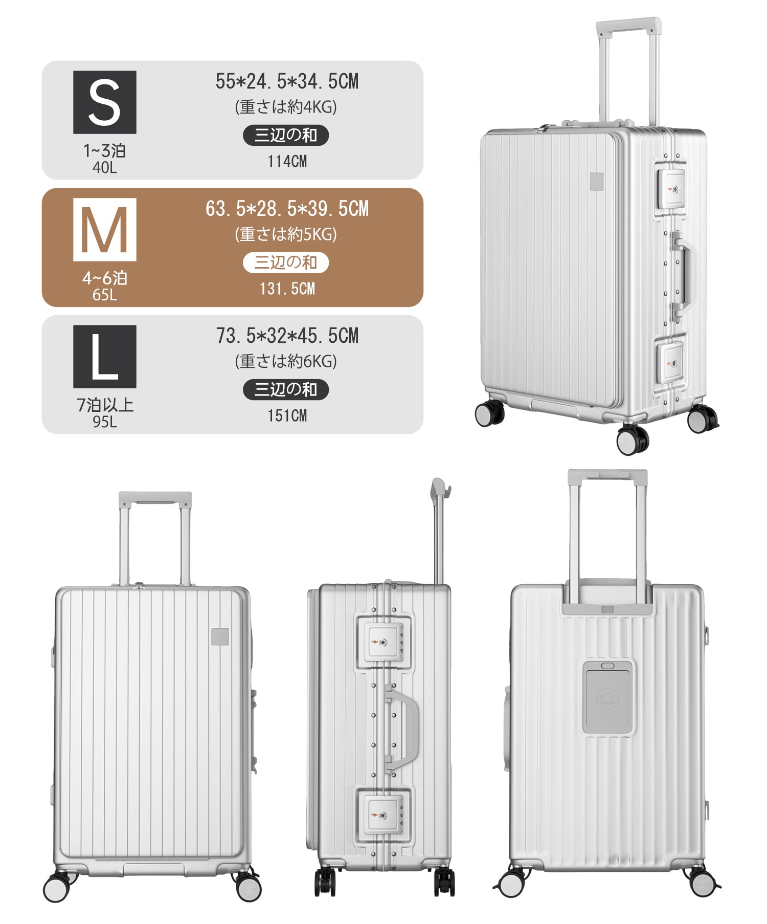 Ashard Front-Open Suitcase - Silver size chart