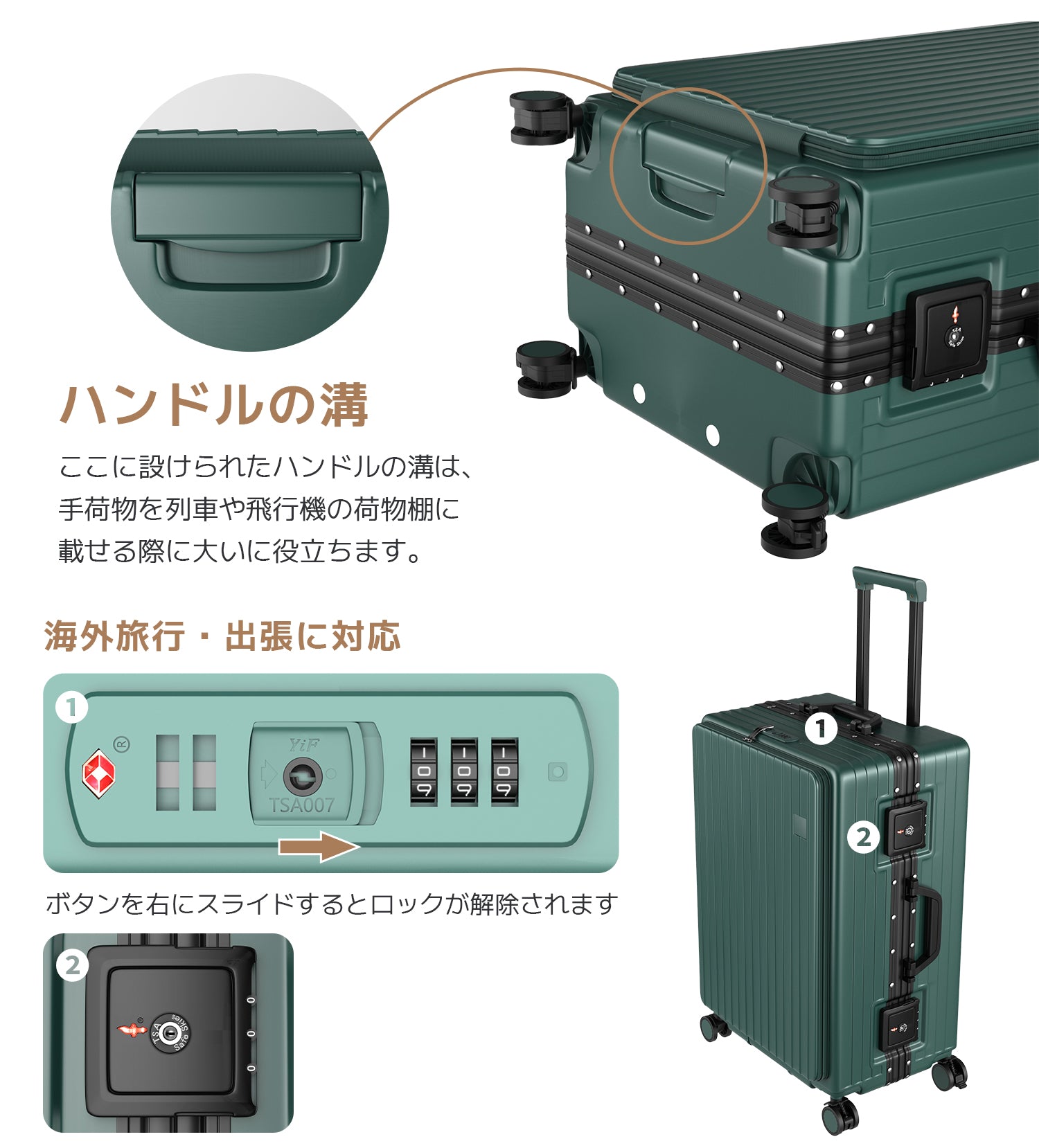 Ashard Front-Open Suitcase - Dark Green handle detail