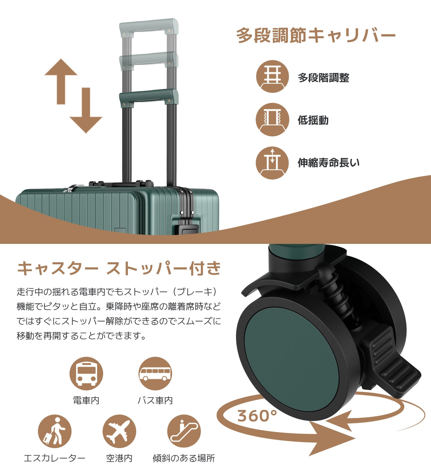 Ashard Front-Open Suitcase - Dark Green telescopic handle and wheels